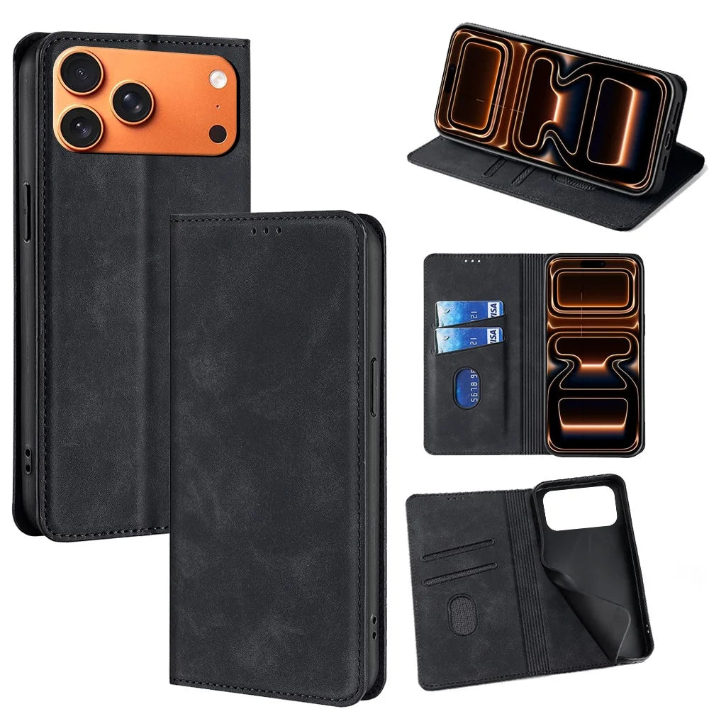 For iPhone 17 Pro Max Case Card Holder PU Leather Magnetic Closing Phone Cover - Black - 1