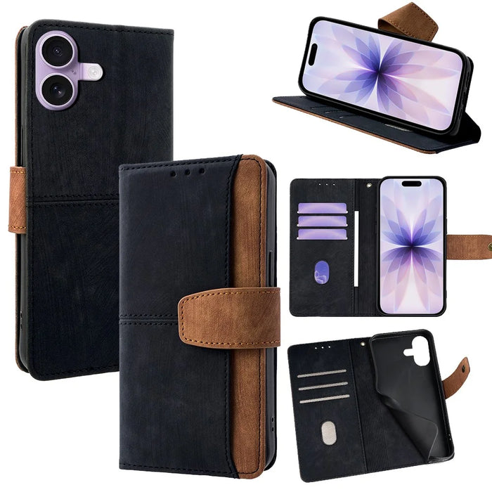 For iPhone 17 Case RFID Blocking Color Splicing PU Leather Wallet Phone Cover - Black - 1