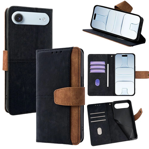 For iPhone Air Case RFID Blocking Color Splicing PU Leather Wallet Phone Cover - Black - 1