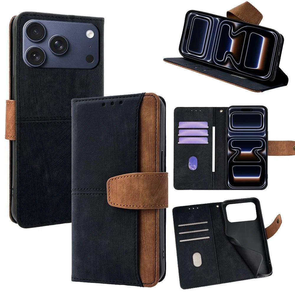 For iPhone 17 Pro Case RFID Blocking Color Splicing PU Leather Wallet Phone Cover - Black - 1