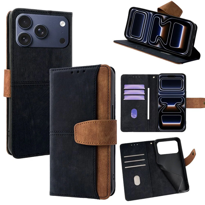 For iPhone 17 Pro Case RFID Blocking Color Splicing PU Leather Wallet Phone Cover - Black - 1