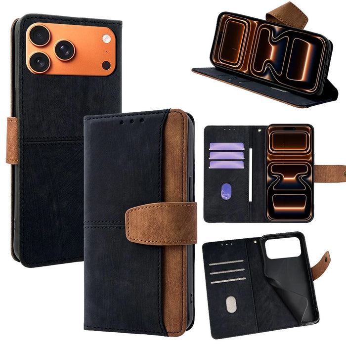 For iPhone 17 Pro Max Case RFID Blocking Color Splicing PU Leather Wallet Phone Cover - Black - 1