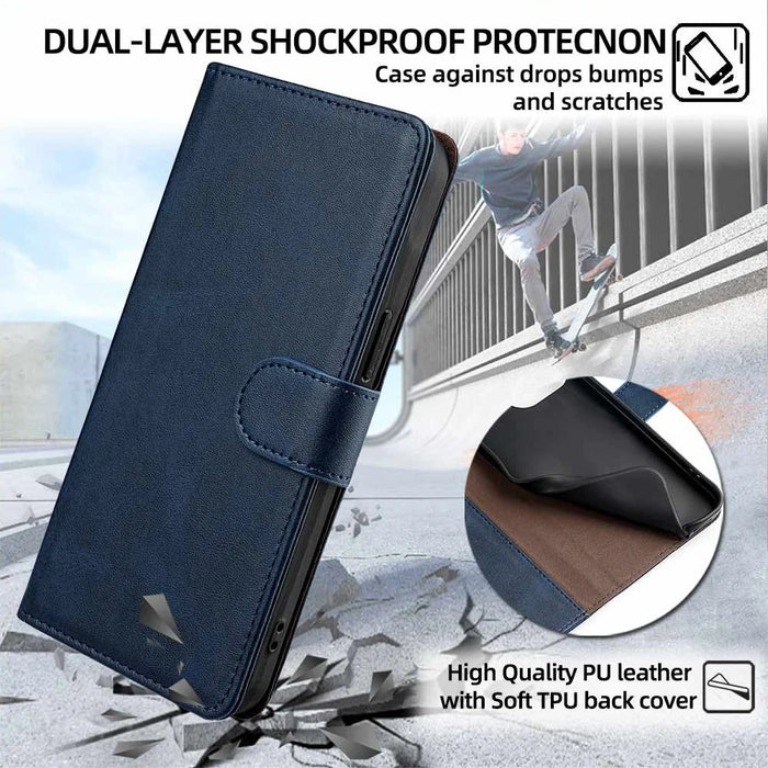 For iPhone 17 Case RFID Blocking Wallet Cowhide Texture Leather Phone Cover - Sapphire - 5