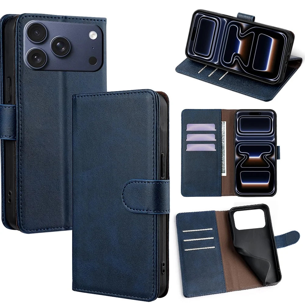 For iPhone 17 Pro Case RFID Blocking Wallet Cowhide Texture Leather Phone Cover - Sapphire - 1
