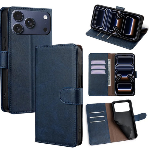 For iPhone 17 Pro Case RFID Blocking Wallet Cowhide Texture Leather Phone Cover - Sapphire - 1