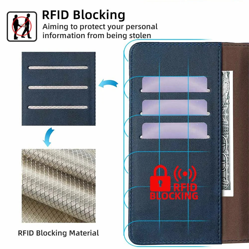 For iPhone 17 Pro Case RFID Blocking Wallet Cowhide Texture Leather Phone Cover - Sapphire - 4