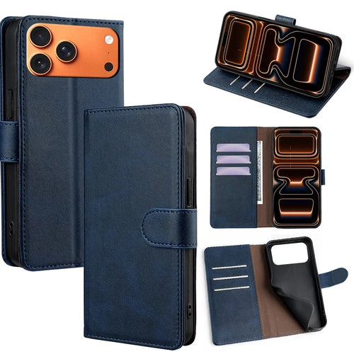 For iPhone 17 Pro Max Case RFID Blocking Wallet Cowhide Texture Leather Phone Cover - Sapphire - 1