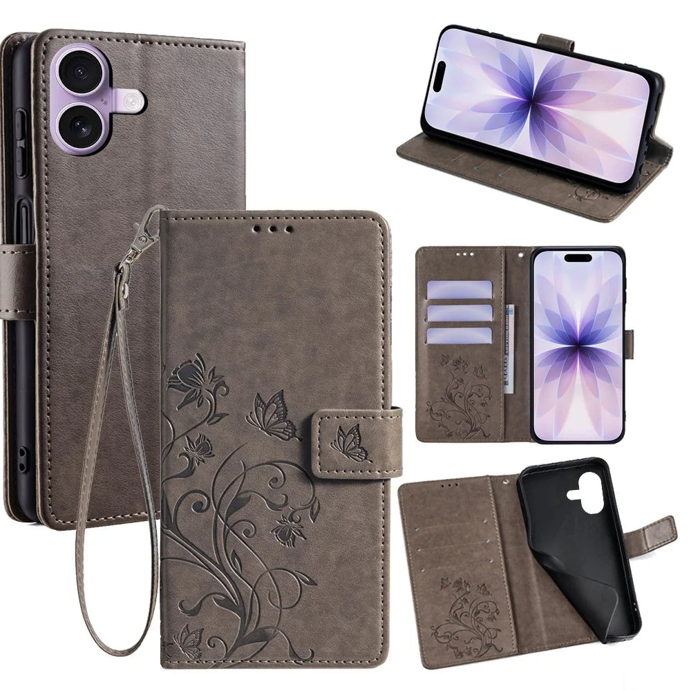 For iPhone 17 Case Butterfly Flower Imprinted PU Leather Wallet Phone Cover - Grey - 1