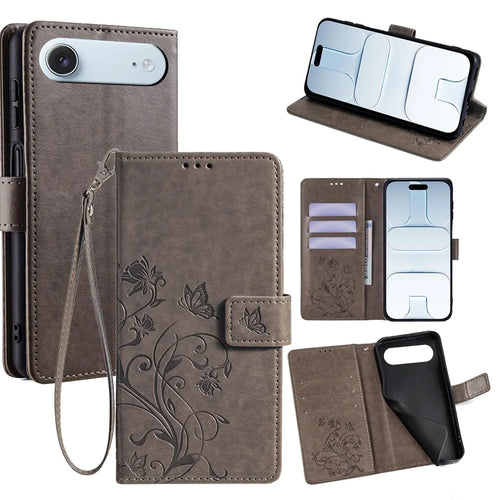 For iPhone Air Case Butterfly Flower Imprinted PU Leather Wallet Phone Cover - Grey - 1