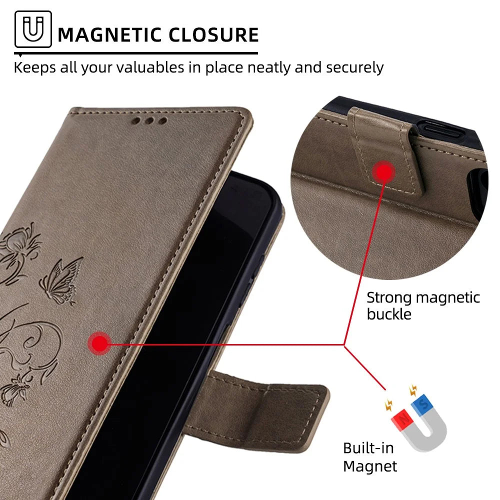 For iPhone Air Case Butterfly Flower Imprinted PU Leather Wallet Phone Cover - Grey - 5