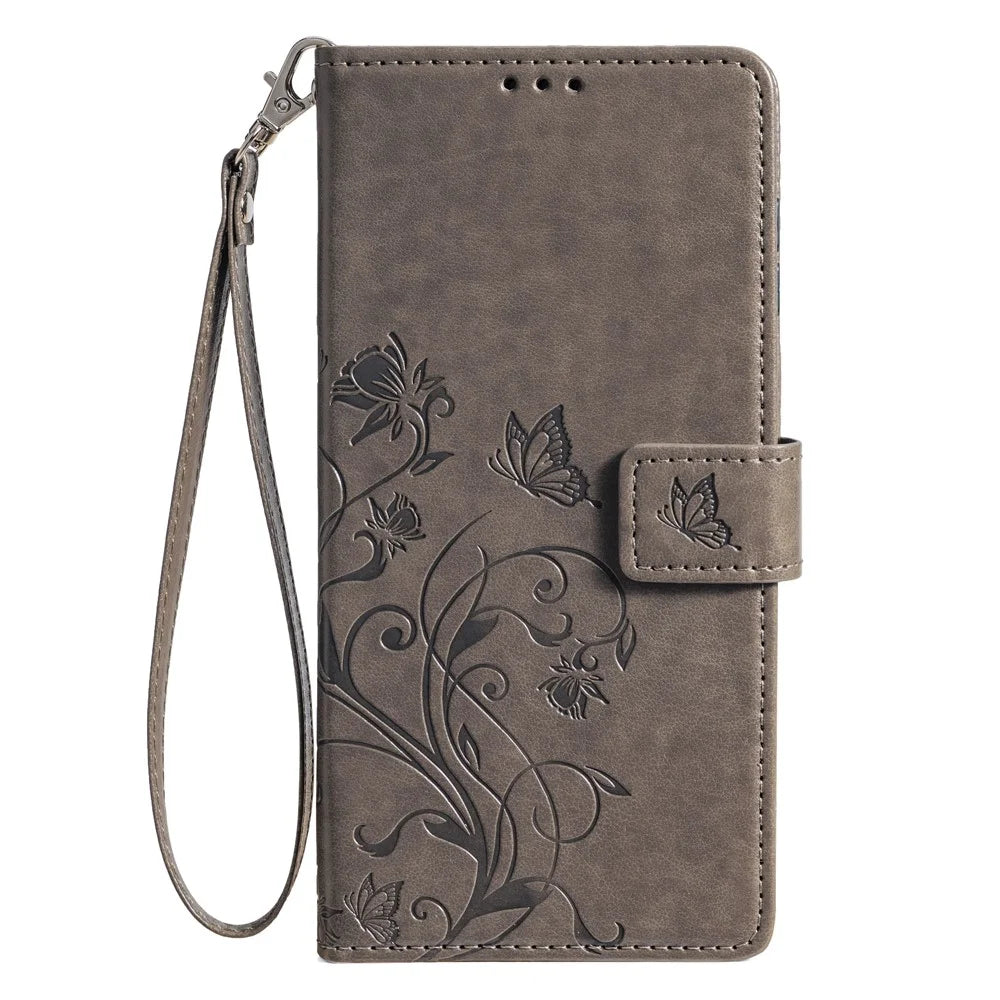 For iPhone Air Case Butterfly Flower Imprinted PU Leather Wallet Phone Cover - Grey - 7