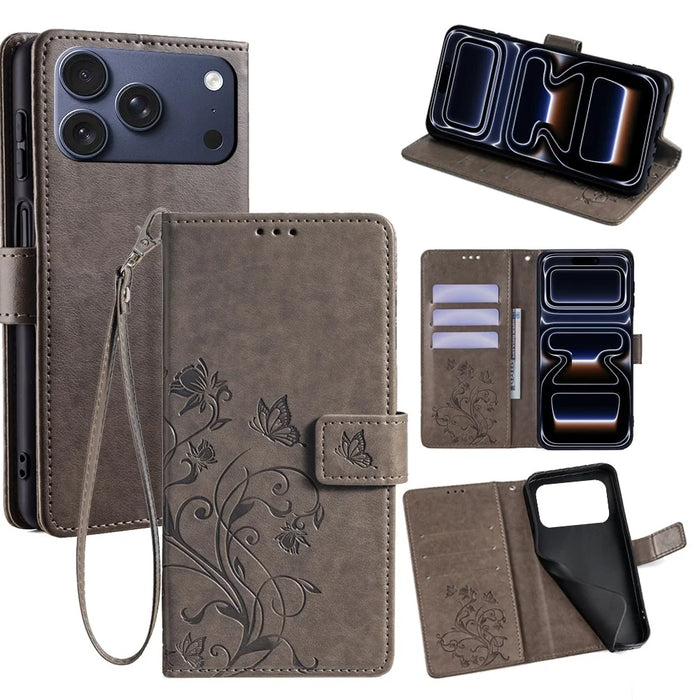 For iPhone 17 Pro Case Butterfly Flower Imprinted PU Leather Wallet Phone Cover - Grey - 1