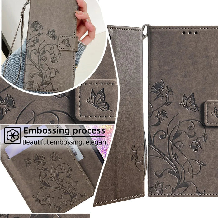 For iPhone 17 Pro Case Butterfly Flower Imprinted PU Leather Wallet Phone Cover - Grey - 2