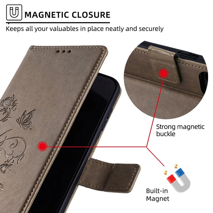 For iPhone 17 Pro Case Butterfly Flower Imprinted PU Leather Wallet Phone Cover - Grey - 5