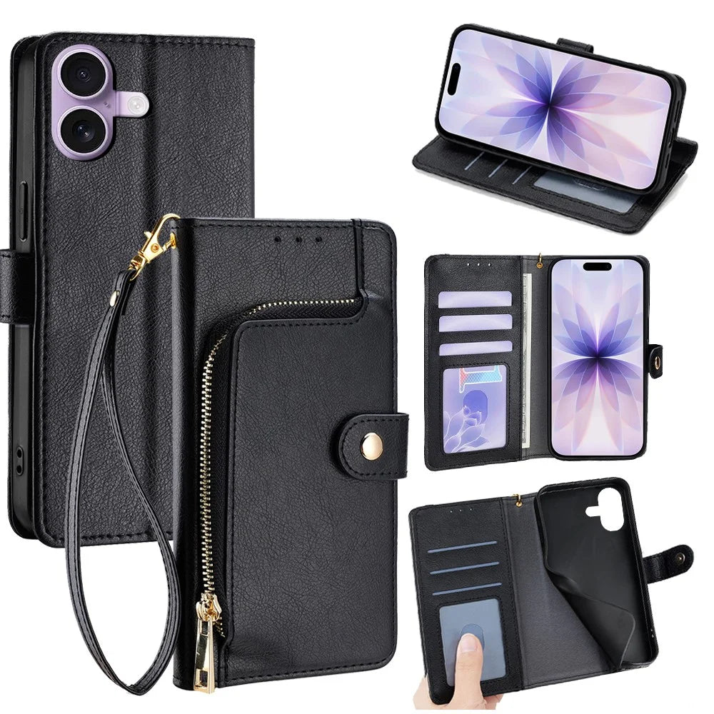 For iPhone 17 Case Zipper Pocket PU Leather Wallet Flip Phone Cover - Black - 1