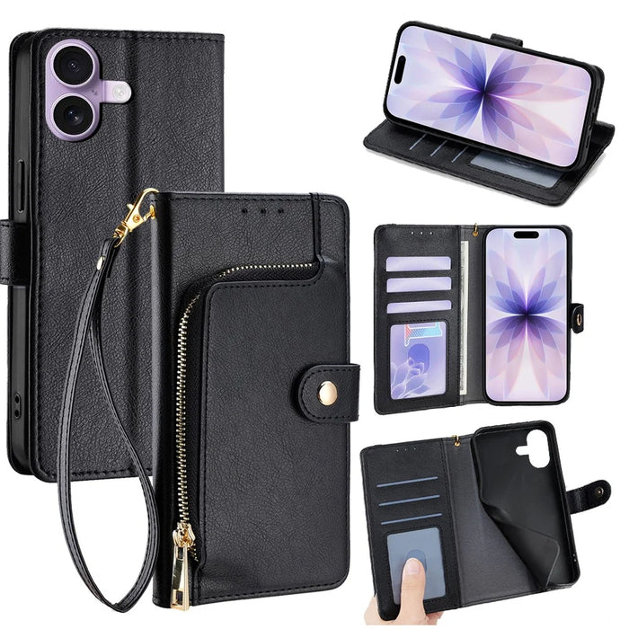 For iPhone 17 Case Zipper Pocket PU Leather Wallet Flip Phone Cover - Black - 1