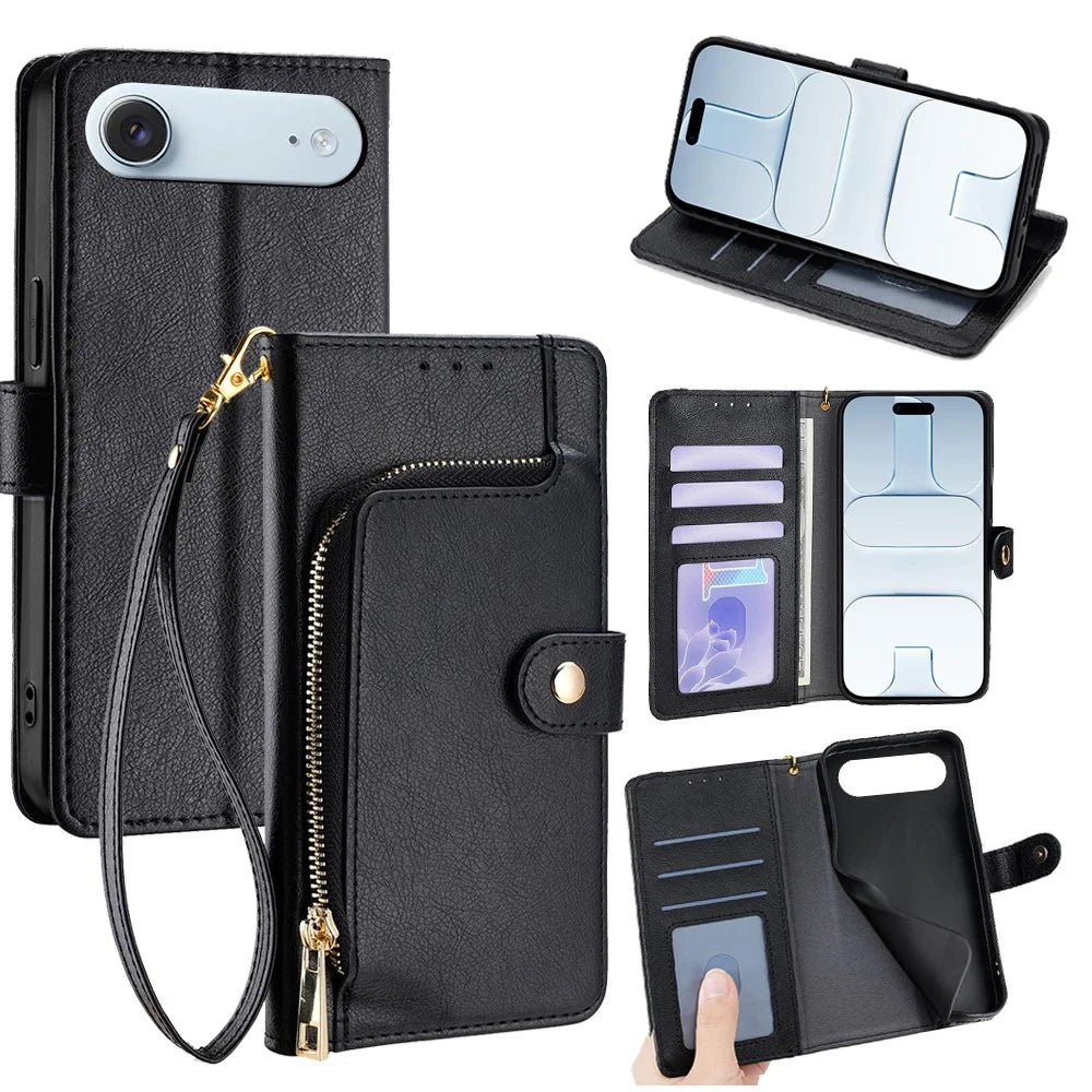 For iPhone Air Case Zipper Pocket PU Leather Wallet Flip Phone Cover - Black - 1