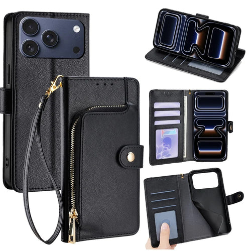 For iPhone 17 Pro Case Zipper Pocket PU Leather Wallet Flip Phone Cover - Black - 1