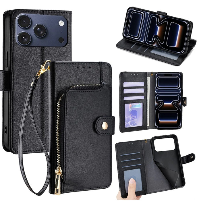 For iPhone 17 Pro Case Zipper Pocket PU Leather Wallet Flip Phone Cover - Black - 1