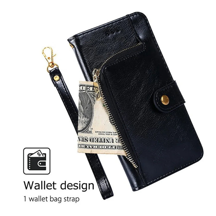 For iPhone 17 Pro Case Zipper Pocket PU Leather Wallet Flip Phone Cover - Black - 4