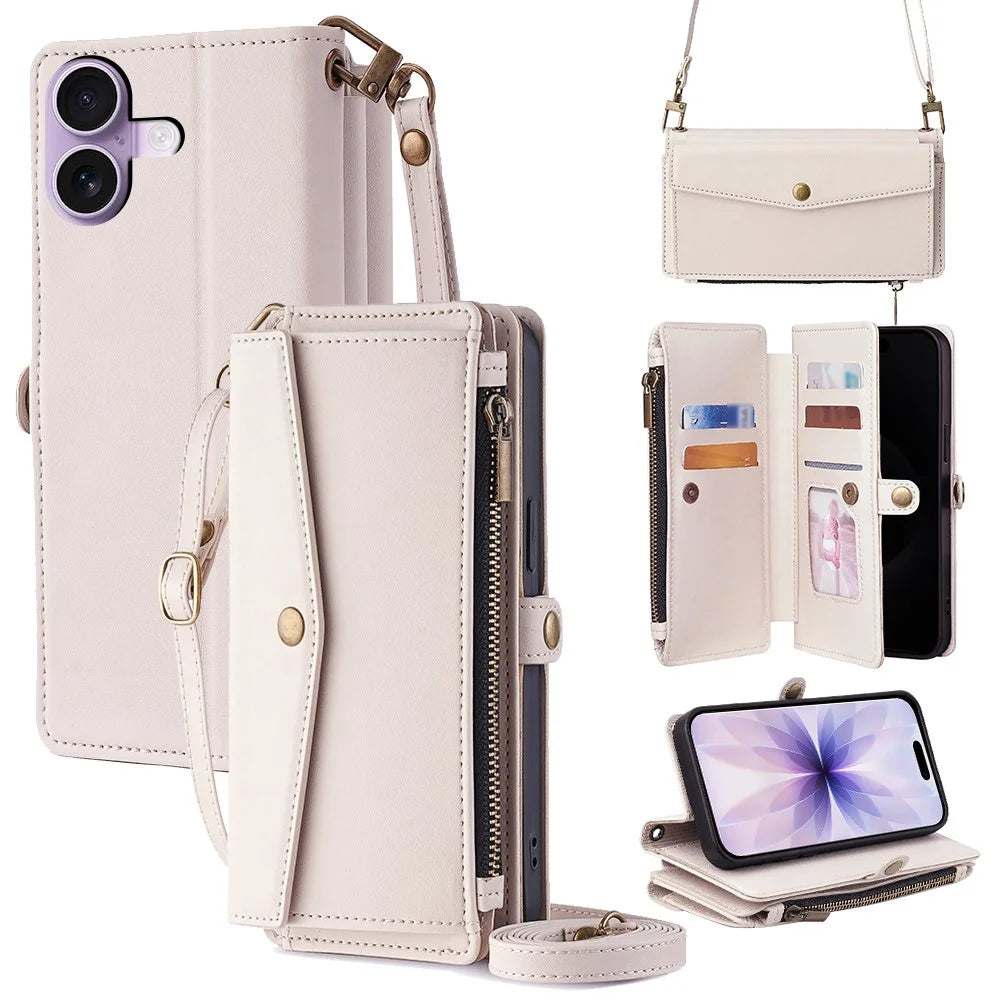For iPhone 17 Case Card Slots Zipper Purse PU Leather Phone Cover with Shoulder Strap - White - 1