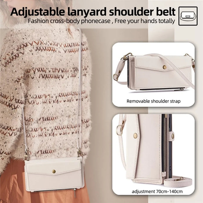 For iPhone 17 Case Card Slots Zipper Purse PU Leather Phone Cover with Shoulder Strap - White - 6