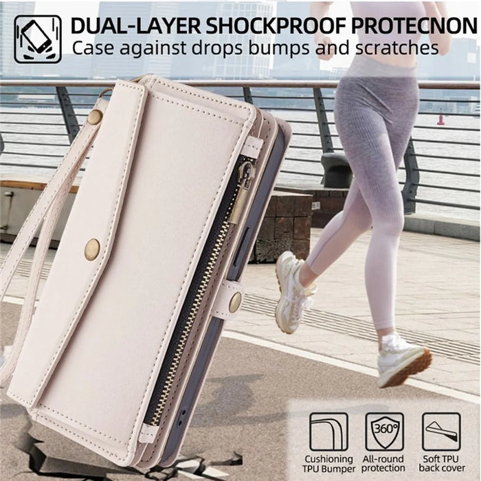 For iPhone 17 Case Card Slots Zipper Purse PU Leather Phone Cover with Shoulder Strap - White - 7