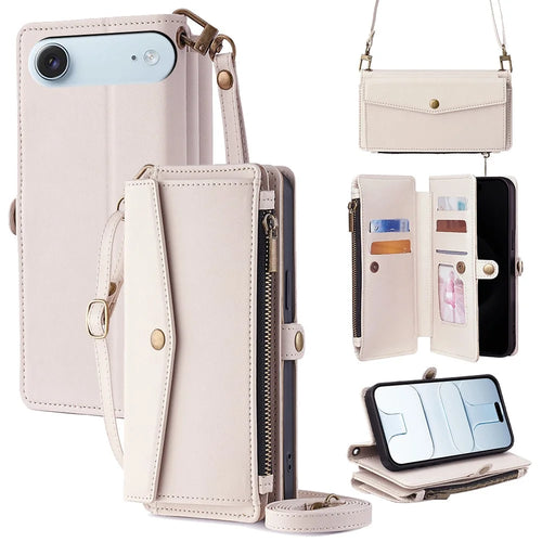 For iPhone Air Case Card Slots Zipper Purse PU Leather Phone Cover with Shoulder Strap - White - 1