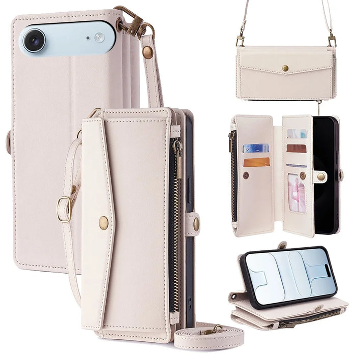 For iPhone Air Case Card Slots Zipper Purse PU Leather Phone Cover with Shoulder Strap - White - 1