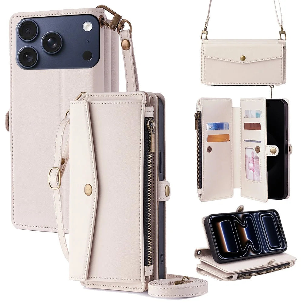For iPhone 17 Pro Case Card Slots Zipper Purse PU Leather Phone Cover with Shoulder Strap - White - 1