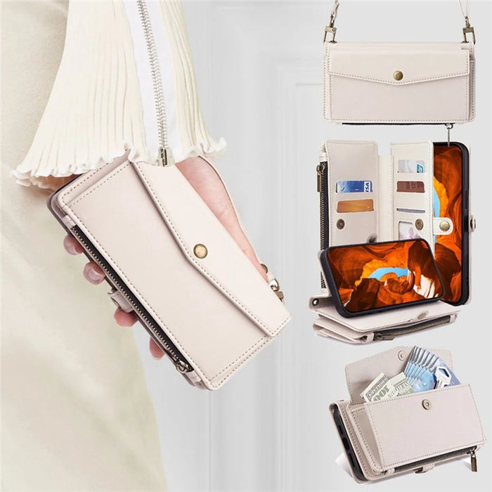 For iPhone 17 Pro Case Card Slots Zipper Purse PU Leather Phone Cover with Shoulder Strap - White - 2