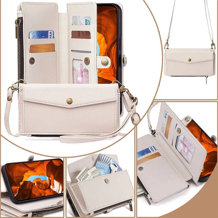 For iPhone 17 Pro Case Card Slots Zipper Purse PU Leather Phone Cover with Shoulder Strap - White - 3