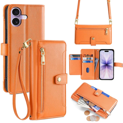 For iPhone 17 Leather Case Zipper Pocket Wallet Phone Cover with 2 Straps - Orange - 1