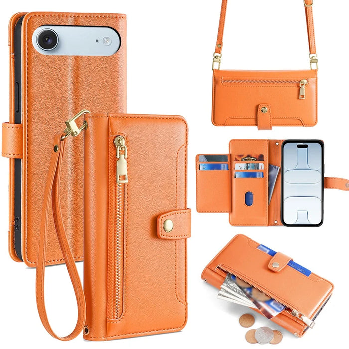 For iPhone Air Leather Case Zipper Pocket Wallet Phone Cover with 2 Straps - Orange - 1