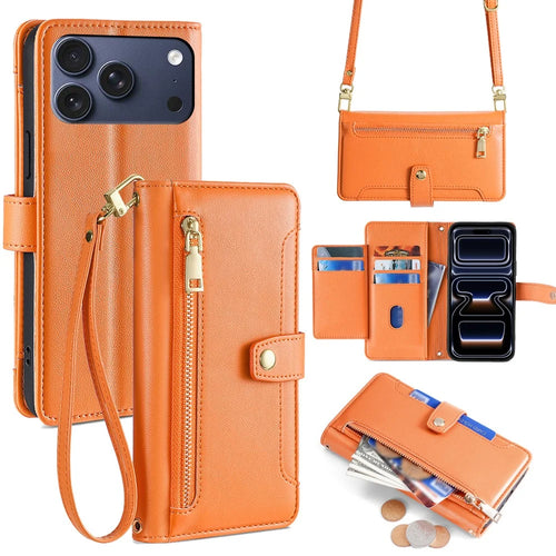 For iPhone 17 Pro Leather Case Zipper Pocket Wallet Phone Cover with 2 Straps - Orange - 1