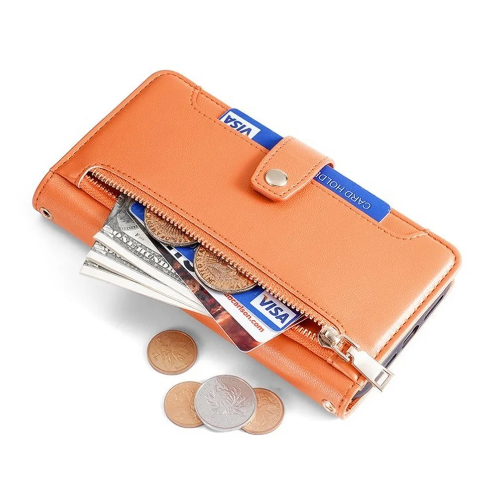For iPhone 17 Pro Leather Case Zipper Pocket Wallet Phone Cover with 2 Straps - Orange - 6