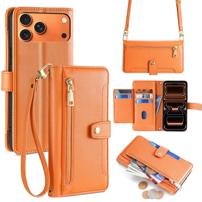 For iPhone 17 Pro Max Leather Case Zipper Pocket Wallet Phone Cover with 2 Straps - Orange - 1