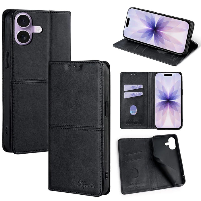 For iPhone 17 Case Card Slots Cowhide Texture Phone Leather Cover - Black - 1