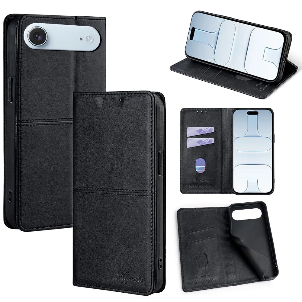 For iPhone Air Case Card Slots Cowhide Texture Phone Leather Cover - Black - 1