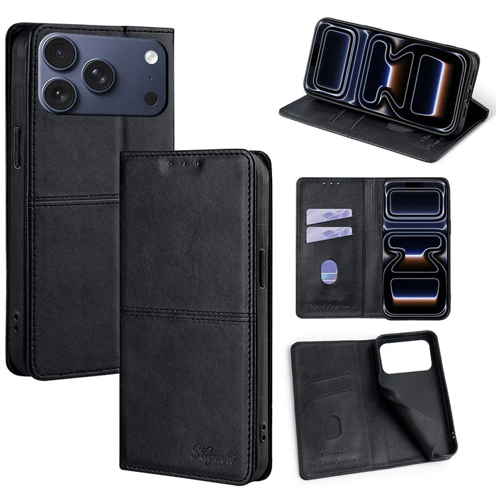 For iPhone 17 Pro Case Card Slots Cowhide Texture Phone Leather Cover - Black - 1