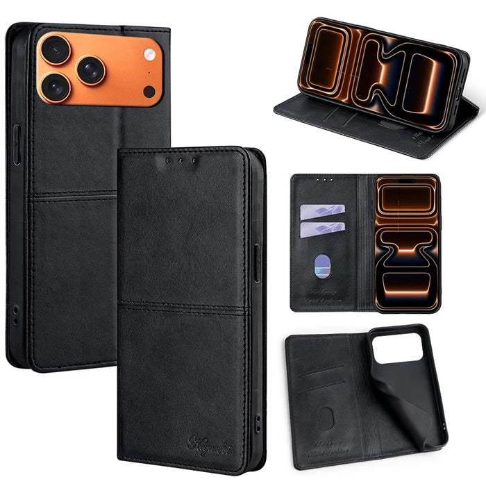 For iPhone 17 Pro Max Case Card Slots Cowhide Texture Phone Leather Cover - Black - 1