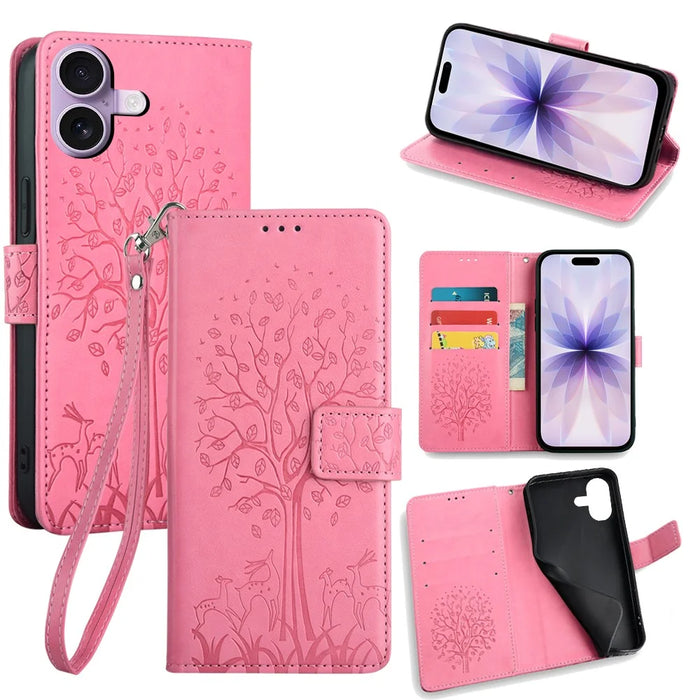 For iPhone 17 Case PU Leather Wallet Phone Cover Tree Deer Imprinted - Pink - 1
