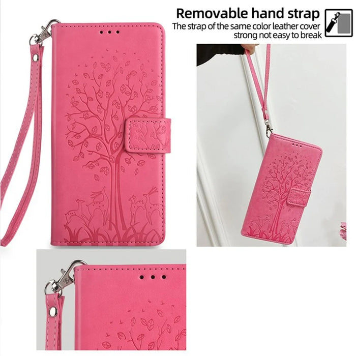 For iPhone 17 Case PU Leather Wallet Phone Cover Tree Deer Imprinted - Pink - 4