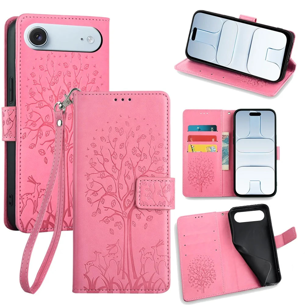 For iPhone Air Case PU Leather Wallet Phone Cover Tree Deer Imprinted - Pink - 1