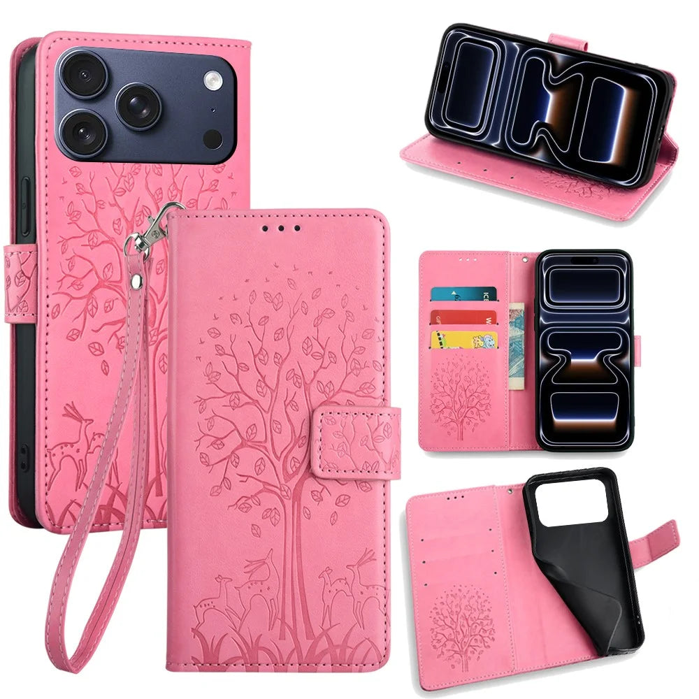 For iPhone 17 Pro Case PU Leather Wallet Phone Cover Tree Deer Imprinted - Pink - 1