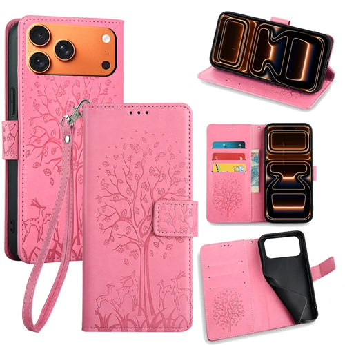 For iPhone 17 Pro Max Case PU Leather Wallet Phone Cover Tree Deer Imprinted - Pink - 1