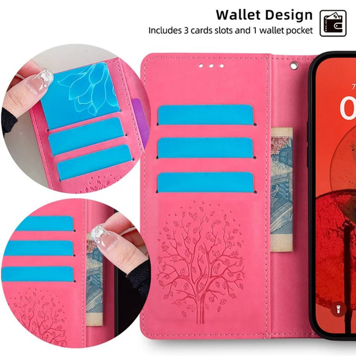 For iPhone 17 Pro Max Case PU Leather Wallet Phone Cover Tree Deer Imprinted - Pink - 5