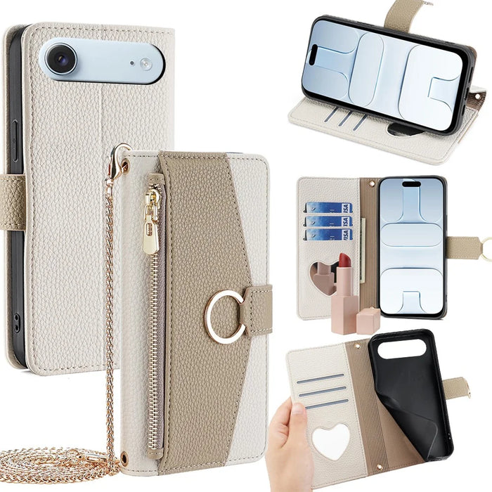 For iPhone Air Case Mirror Wallet Leather Phone Cover with Chain Shoulder Strap - White - 1