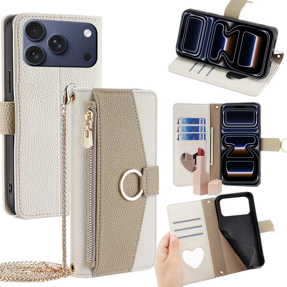 For iPhone 17 Pro Case Mirror Wallet Leather Phone Cover with Chain Shoulder Strap - White - 1