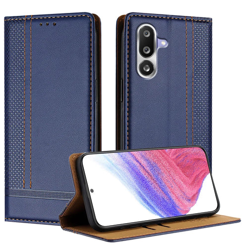 For Samsung Galaxy M36 5G Case L-Shaped Grid Pattern Leather Stand Phone Cover with Card Slots - Blue - 1